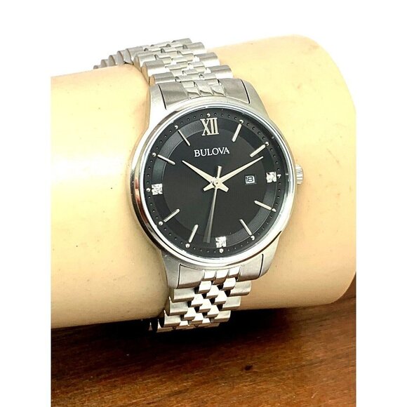 Bulova Women’s Watch 96P226 Silver Steel Diamond Black Dial Quartz 32mm